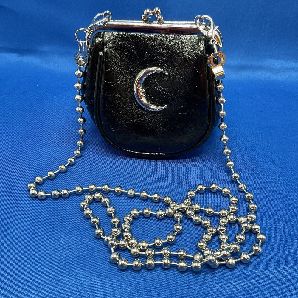 Little Black Crescent Moon Accent Crossbody or Clutch Purse Chrome Hardware
